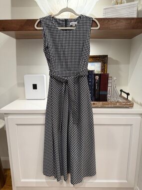 Calvin Klein Black and White Gingham Midi Dress with Waist Tie